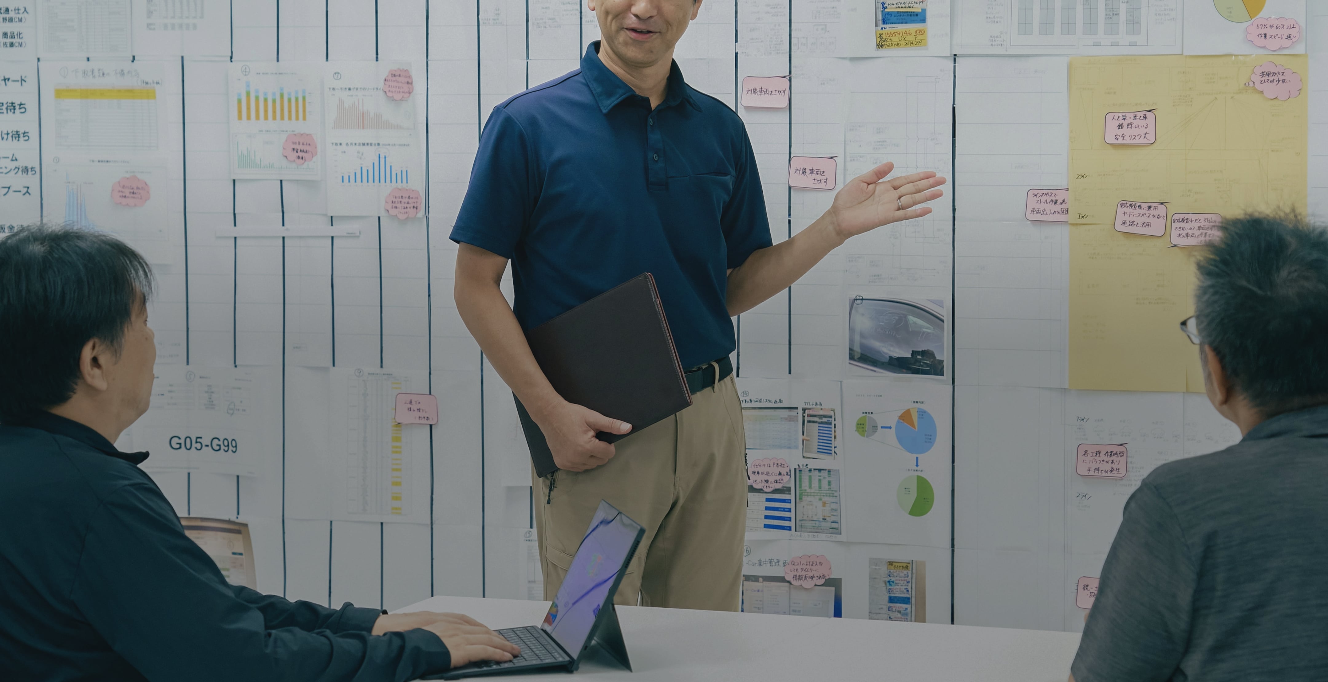 壁に貼り付けた付箋を見ながら相談する男性3人